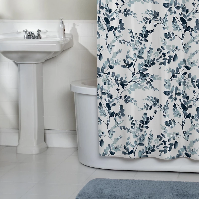 Rideau de douche en tissu texturé à motif botanique pastel Rideau de douche en tissu