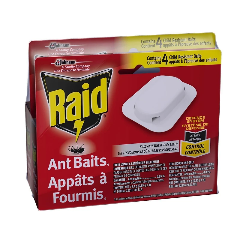Insecticide Raid Appâts à fourmis Double action, tue la reine et la colonie, pour utilisation à l’intérieur, à l’épreuve des enfants, 2 x 4 unités 8 appâts