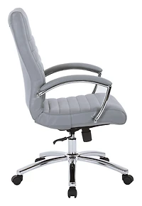 Executive Mid-Back Chair in Grey Faux Leather with Padded Arms and Chrome Finish Base
