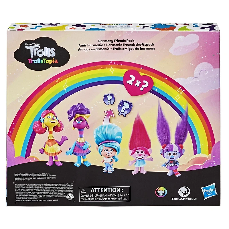 DreamWorks TrollsTopia Amis harmonie, 5 figurines Cheveux surprise avec Poppie, Val, Si et Bémol et Dolly Banjo, pour enfants, dès 4 ans