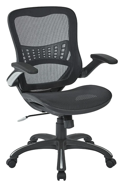 Fauteuil de direction en tissu maillé noir à dossier moyen et à accoudoirs rabattables