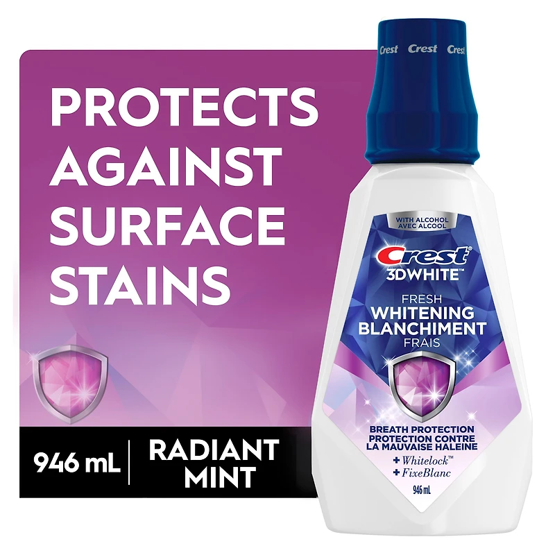 Rince-bouche blanchissant Crest3DWhite Fraîcheur, prévient les taches de surface, tue des millions de germes responsables de la mauvaise haleine, sans alcool, saveur Menthe arctique, 946mL (32ozliq.) 946ML