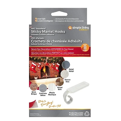 Simple Living Solution's Max Pro Sticky Mantel Hooks 8-Count Seasonal Light Strand Adhesive Plastic Clips - Clear, Works with all types of lights