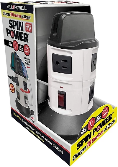 Bell + Howell Spin Power Surge Protector Charging Station – 4 Outlets, 6 USB Ports, 7ft Retractable Cord, Built-in Phone Holder