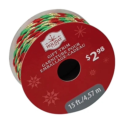 Holiday Time Christmas Red/Green/Gold Twisted Cord Gift Trim, 15 ft