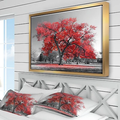 Designart Grand arbre rouge le jour brumeux ART MURAL À CADRE FLOTTÉ