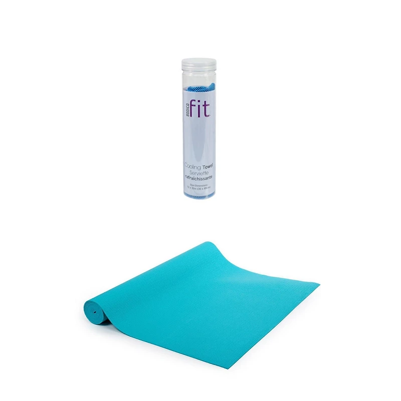 Ensemble de fitness avec Tapis de yoga antidérapant et serviette super rafraîchissante de Bodico, bleu