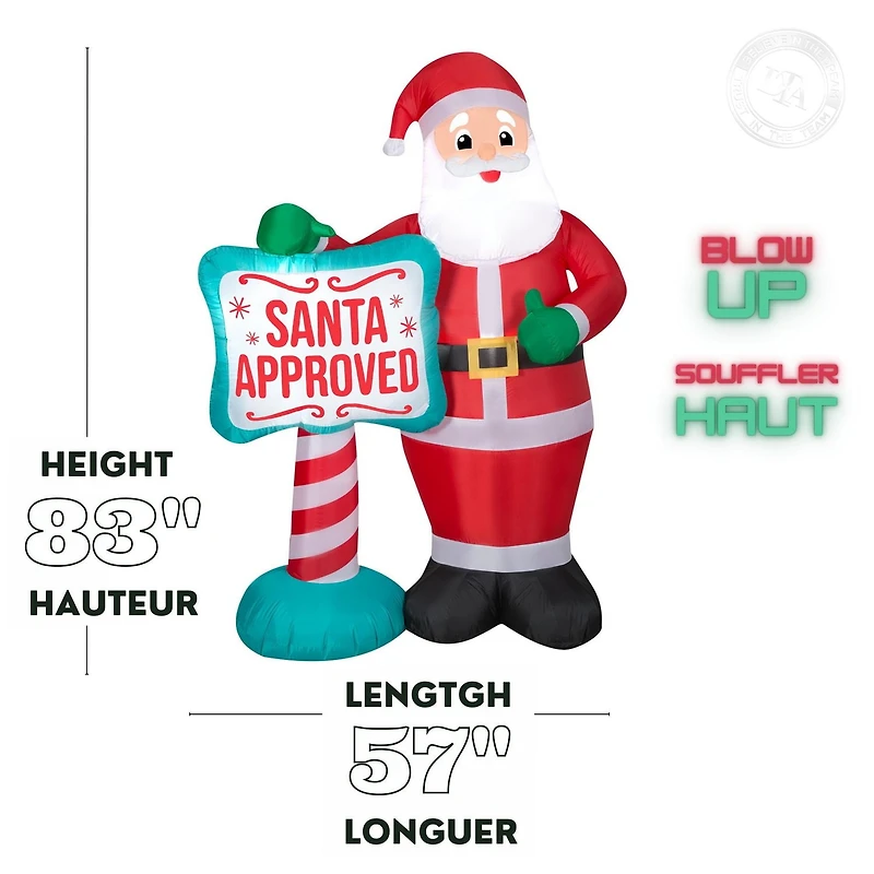 Père Noël gonflable de Noël avec panneau « SANTA APPROVED »