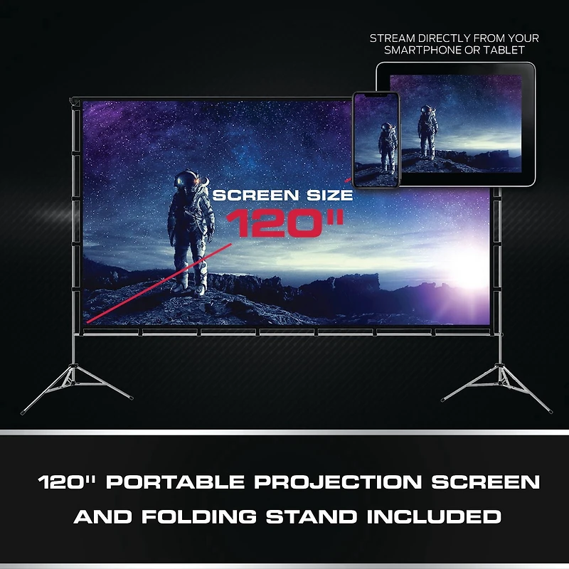 Ensemble de projecteur ACL Monster Image Stream sans fil super lumineux 1080p FHD TFT avec écran de 120 pouces et mallette de transport inclus MHV1-1052-CAN