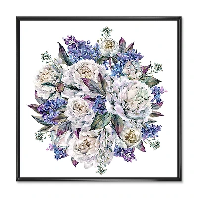 Designart Bouquet Pivoines En Blanc Et Bleu ART MURAL À CADRE FLOTTÉ