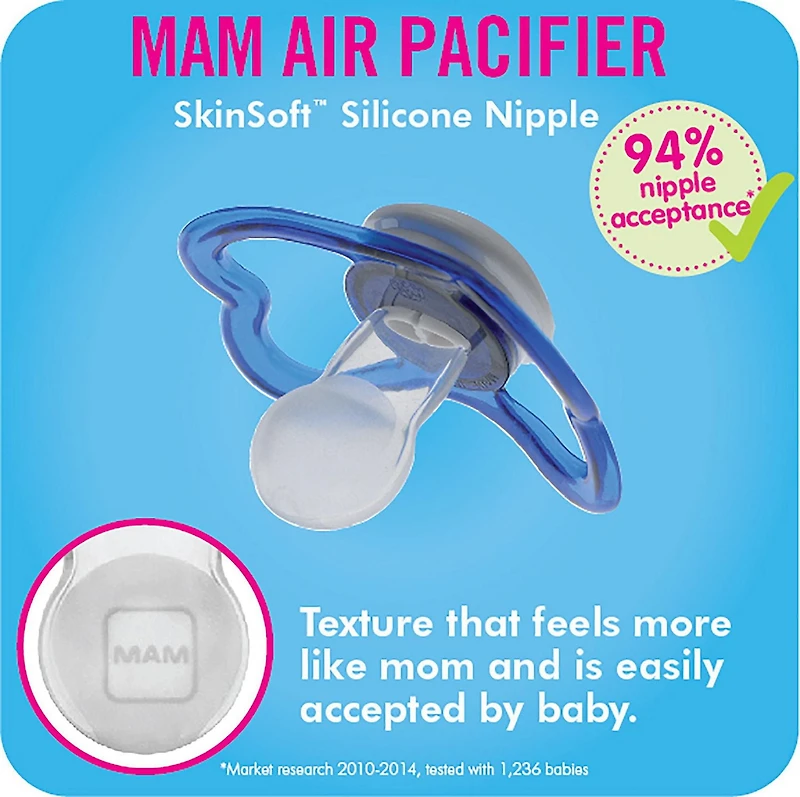 Suces MAM Air Night (emballage de deux), suce MAM pour peau sensible 16 mois et plus, suce qui brille dans le noir, meilleure suce pour les bébés allaités, suces assorted pour bébé
