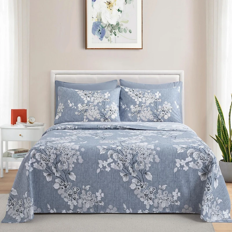 Ensemble de literie Marina Décoration ultra douce et soyeuse, imprimée, en rayonne de bambou, toutes saisons, avec taies d'oreiller, motif floral romantique délavé à l'encre