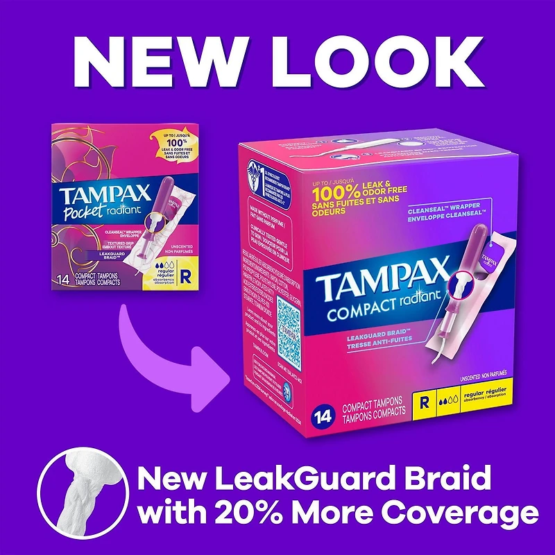 Tampons Tampax Radiant compacts, avec tresse anti-fuites LeakGuard et applicateur extensible, degré d’absorption super, non parfumés, 28tampons 28CT