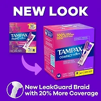 Tampons Tampax Radiant compacts, avec tresse anti-fuites LeakGuard et applicateur extensible, degré d’absorption super, non parfumés, 28tampons 28CT