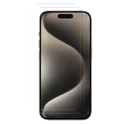 Lot de 2 protecteurs d’écran japonais en verre trempé de premier choix de onn. avec plateau d’application facile de onn. pour iPhone 15 et iPhone 15 Pro Atténue les rayures et amortit les chocs