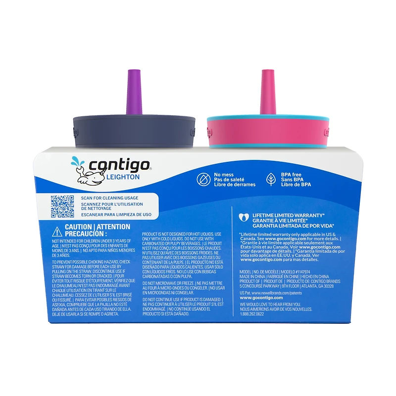 Gobelet antidéversement pour enfants Contigo Leighton en acier inoxydable avec paille, 12 oz (354 ml), azalée et violet,, ensemble de 2