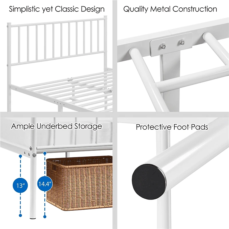Fullfurnique Minimalist Metal Bed Frame with Vertical Bar Headboard and Footboard, Queen, White