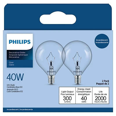 PHILIPS Paquet de 2 ampoules sphériques G16.5 de 40 W à culot candélabre, transparent Candélabre G16.5 40W