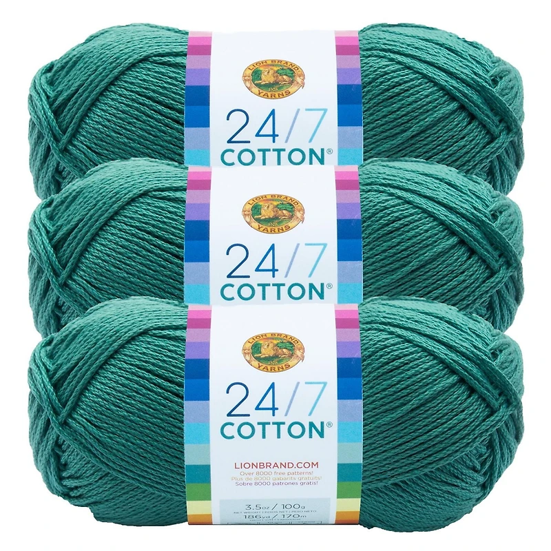 Fil Lion Brand 24/7 Cotton® Fil de Coton #4 Moyen 140g/273m 3-Paquete