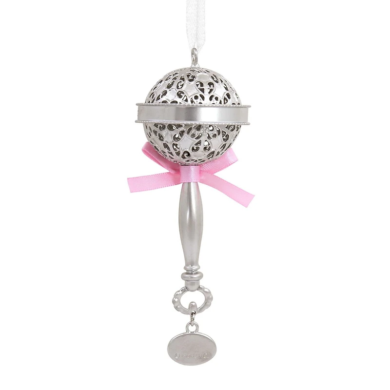 Hallmark Christmas Ornament (Baby's First Christmas Silver Baby Rattle With Pink Ribbon 2024 Premium Metal)