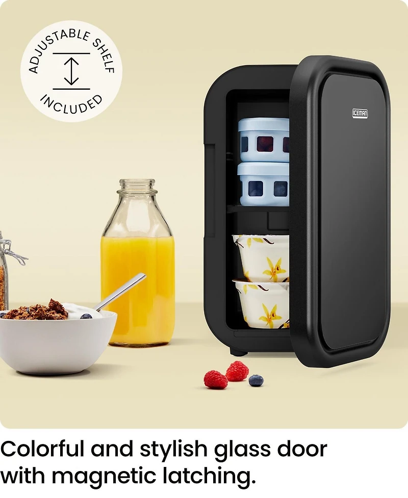 ICEMAN Portable Mini Fridge w/ 8 355 ml (12oz) Can Capacity, Cools and Heats, Car Plug Included - Black, New