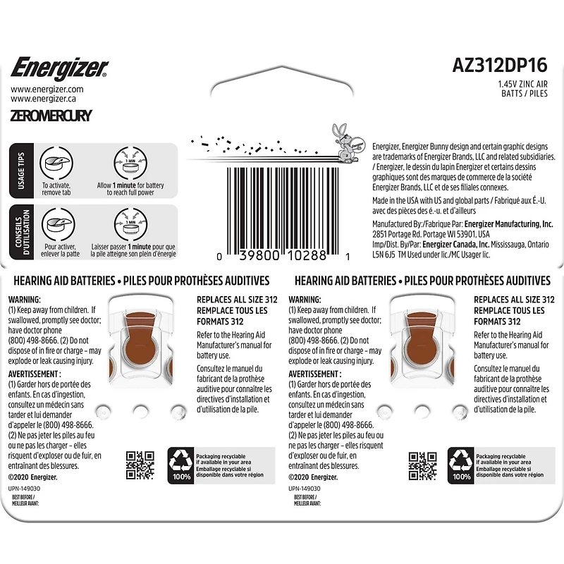 Energizer 312, Emballage de 16, Brun