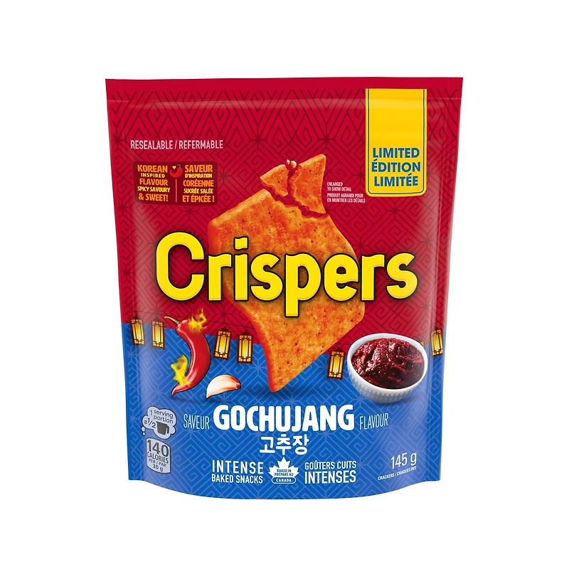 CRISPERS, Gochujang Crackers, Salty Snacks, Limited Edition, Baked In Canada, 145 g