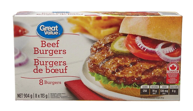 Burgers de bœuf surgelés Great Value 8 x 113 g, 904 g