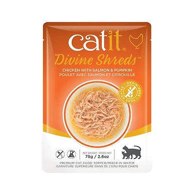 Garniture Divine Shreds pour chats, Poulet avec saumon et citrouille, 75 g