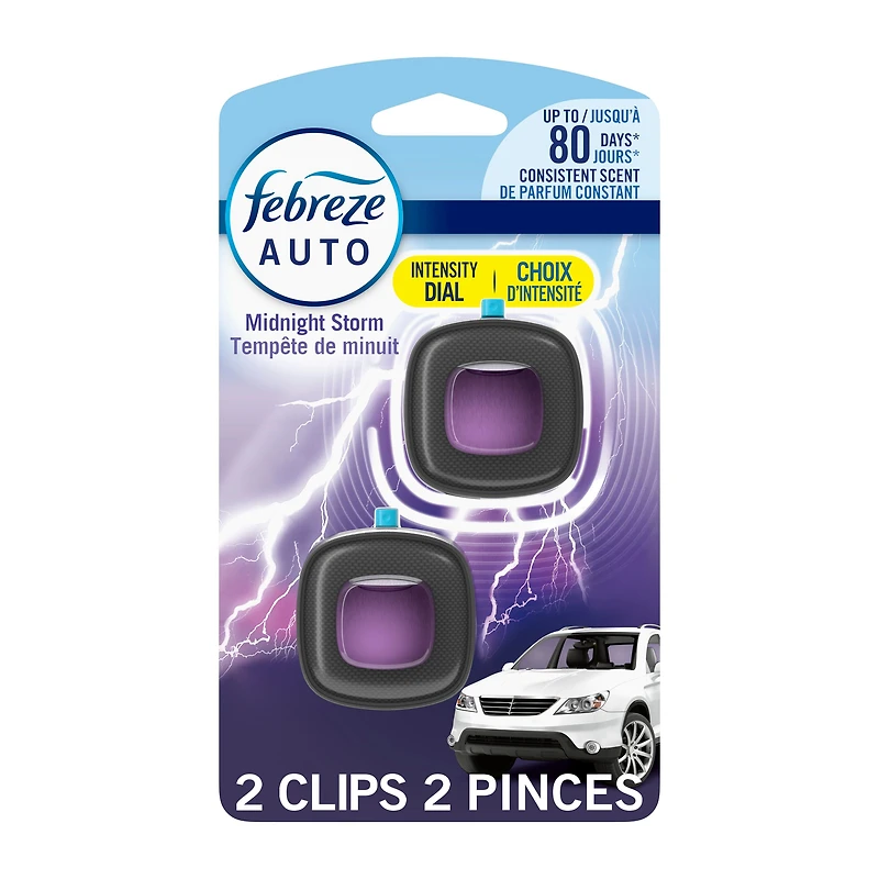 Assainisseur d’air pour voiture Febreze, éliminateur d’odeurs sous forme de pince pour bouche d’air d’automobile, parfum Tempête de minuit, 2unités 4ML