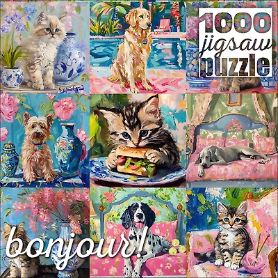 Buffalo Games Bonjour Cats and Dogs Collage Puzzle imbriqué de 1000 pièces pour adultes de 14 à 99 ans
