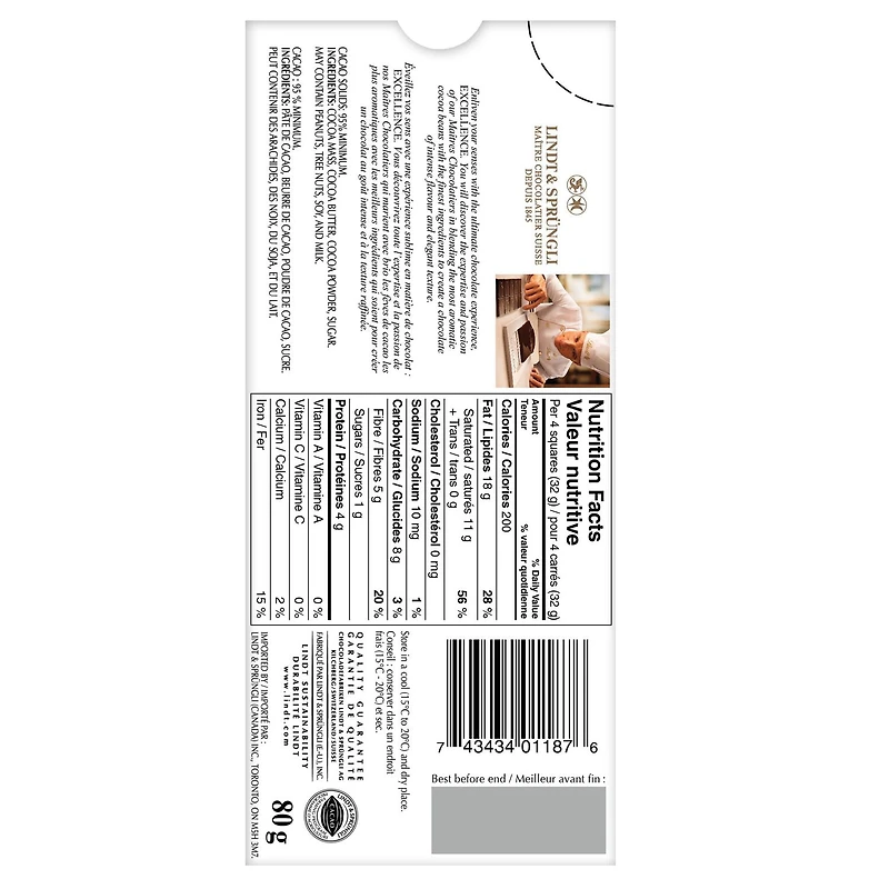 Chocolat noir Lindt EXCELLENCE à 95 % de cacao – Barre (80 g) 80 g