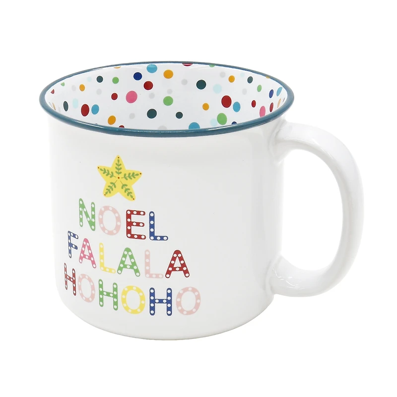 Holiday Time 15 oz Stoneware Christmas Words “NOEL FALALA HOHOHO" Blue Rim Polka Dot Festive Mug