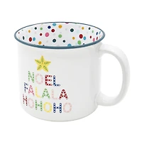 Holiday Time 15 oz Stoneware Christmas Words “NOEL FALALA HOHOHO" Blue Rim Polka Dot Festive Mug