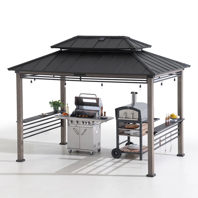 Sunjoy 8 x 12 Pi Gazebo Tonnelle extérieur Gazebo avec toit rigide Barbecue Cadre en, noir