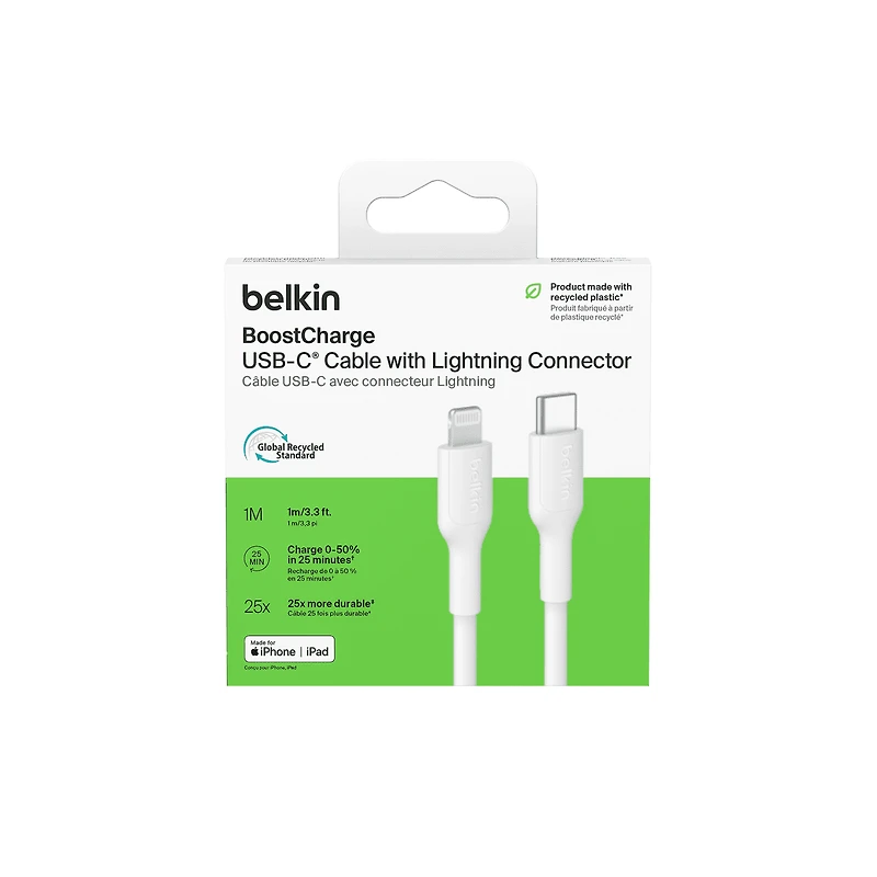 Cable BoostCharge Eco USBC vers Lightning 1 m/3,3 pi Cable souple et flexible pour charge rapide, cable chargeur Lightning pour iPhone 14 et series anterieures iPad 9e gen et AirPods BC Câble Belkin BoostCharge Eco USB-C vers Lightning (1 m/3,3 pi) - Câble souple et flexible pour charge rapide, câble chargeur Lightning pour iPhone 14 et séries antérieures, iPad 9e génération et AirPods - Blanc