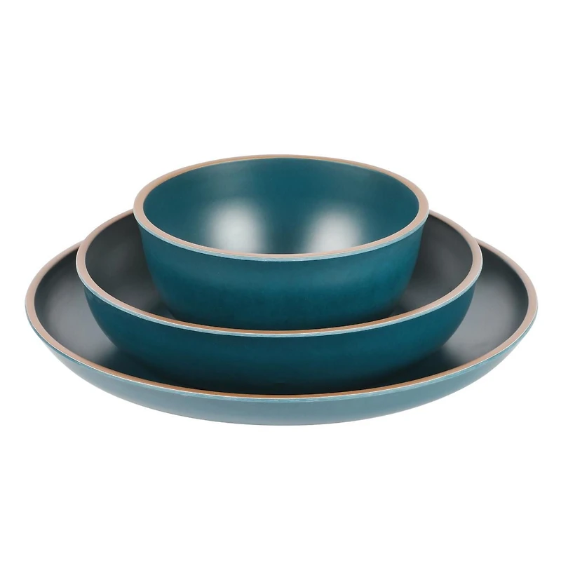 Gibson Home Rockabye 12 Piece Double Bowl Melamine Dinnerware Set, Matte Teal