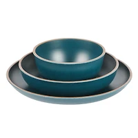 Gibson Home Rockabye 12 Piece Double Bowl Melamine Dinnerware Set, Matte Teal