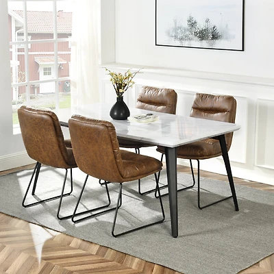Ensemble de salle à manger Homy Casa avec table en imitation marbre de 160 cm et 4 chaises en similicuir marron pour salles à manger, cuisines et restaurants