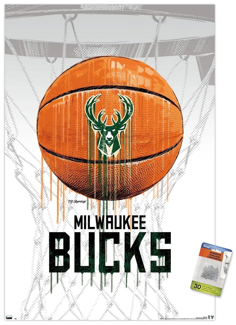 NBA Milwaukee Bucks - Drip Ball 20 Wall Poster, 22.375" x 34" Framed