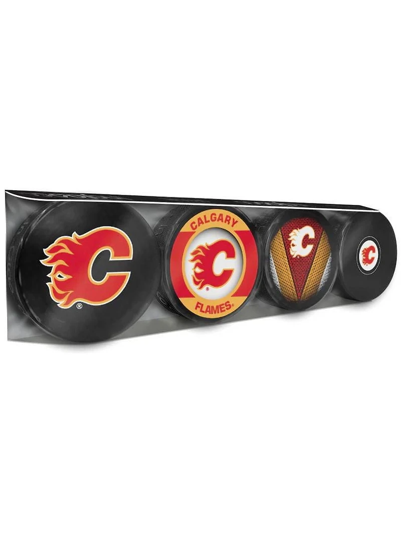 PACK OF 4 NHL SOUVENIR PUCKS  CALGARY FLAMES