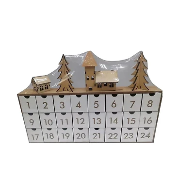 HOLIDAY TIME WOODEN CALENDAR DECOR W/HOUSE AND TREE
