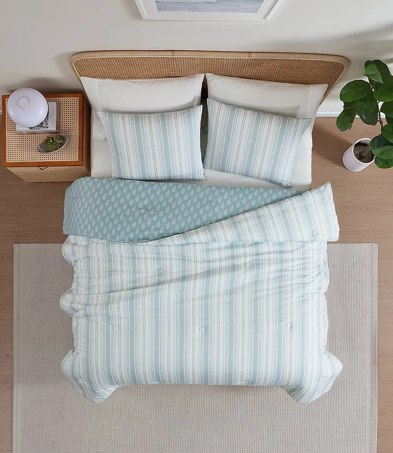 C&C California Printed Stripe Reversible Comforter Set, 100% Cotton, Breathable, All-Season Comfort , 3 piece, King, Blue