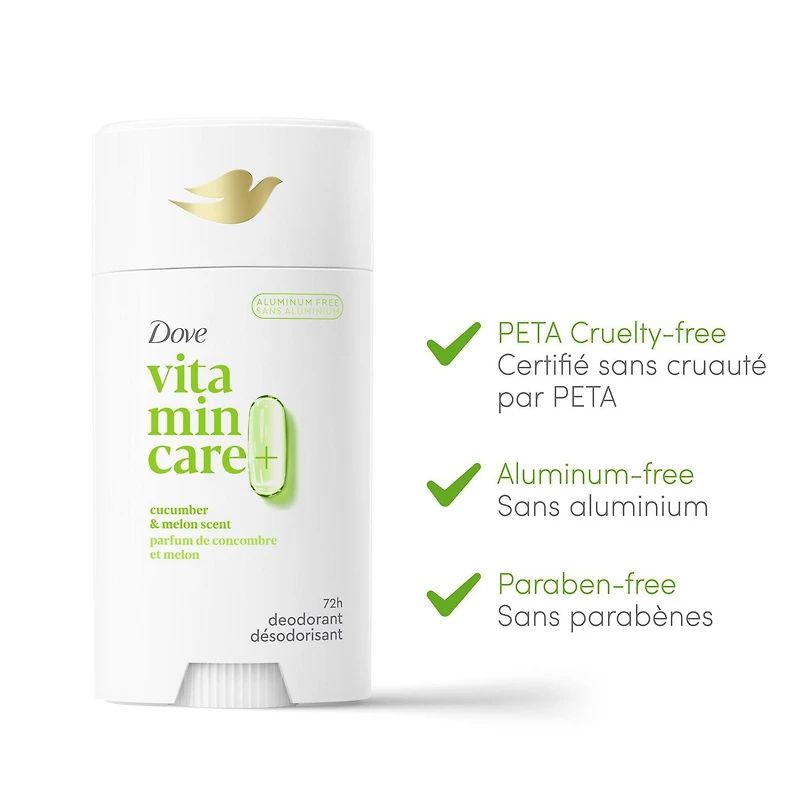 Dove Vitamin Care+ Cucumber & Melon Scent Aluminum-Free Deodorant Stick, 72h Breathable Odour Protection, 74g