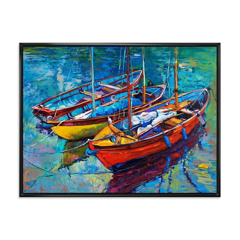 Designart Three Boats In The Harbor FLOAT FRAME WALL ART