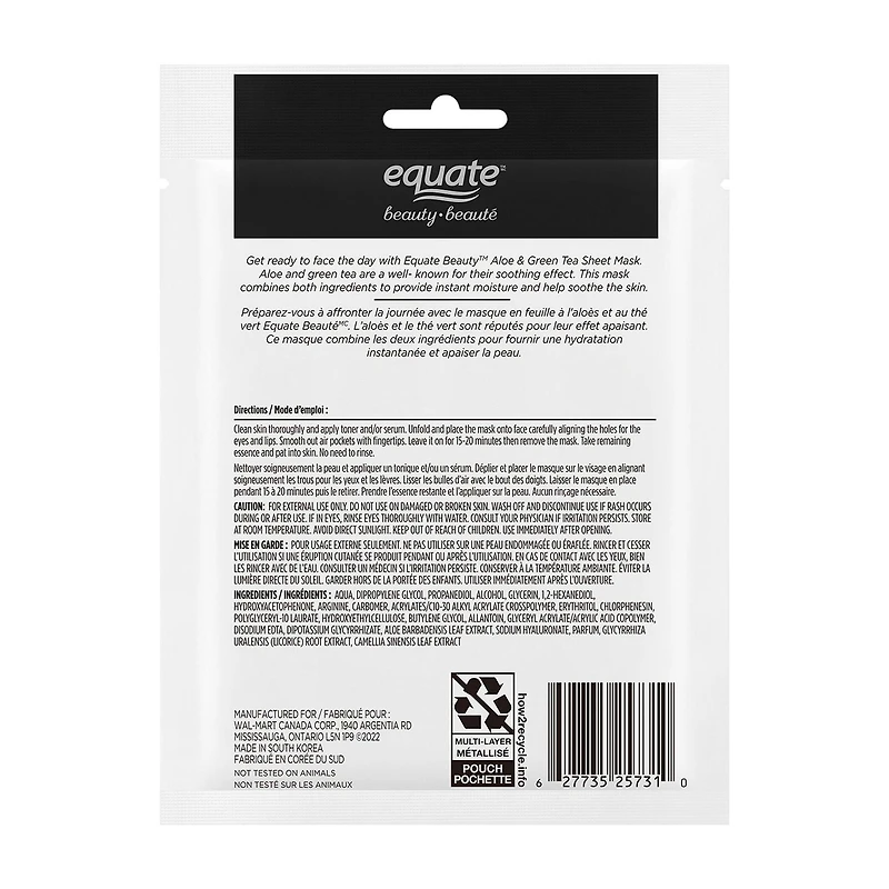 Equate Beauty Masque En Feuille Aloès Et Thé Vert 8PK