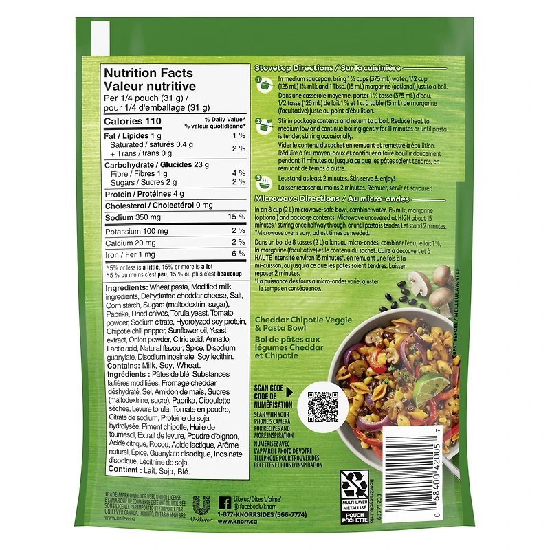 Knorr Sidekicks Cheddar Chipotle Pasta Side Dish, 124 g Side Dish