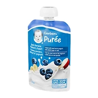 GERBER Purée Pomme, banane, bleuet et yogourt, faite avec du yogourt et de vrais fruits, pour bébés et tout-petits, sans sucre ni sel ajoutés, sans OGM, sachet refermable 94 ml