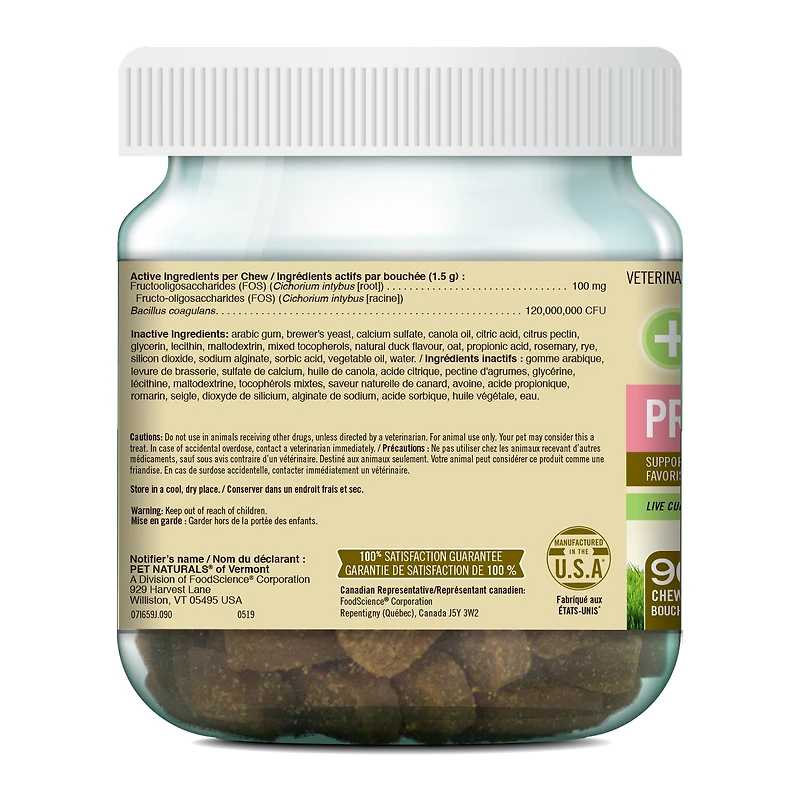 Pet Naturals Daily Probiotic, Mastication Digestive pour Chiens, Saveur Canard, pot de 90 Unités SOUTIEN IMMUNITAIRE DIGESTIF