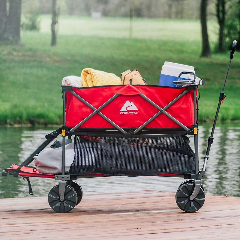 Ozark Trail Double Decker Folding Utility Wagon with Extension Handle, Red, 35" H, Polyester